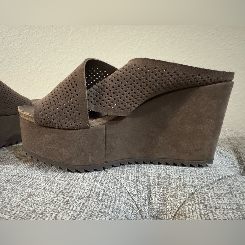 Pedro Garcia Brown Perforated Suede Platform Wedge Sandals - Picture 6 of 8